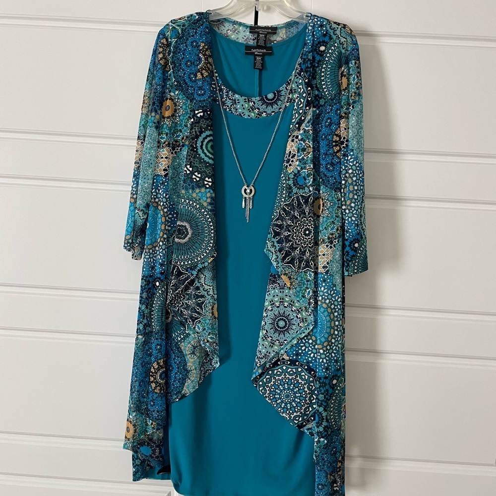 R&M Richards Teal and Blue Sleeveless Dress with Necklace And Jacket